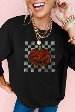 Black Jack-o-lantern Checkered Rhinestone Transfer Graphic Halloween Sweatshirt