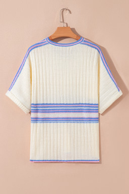 White Striped V Neck Dolman Sleeve Knit Sweater