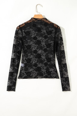 Black Mock Neck Floral Lace Mesh Long Sleeve Top