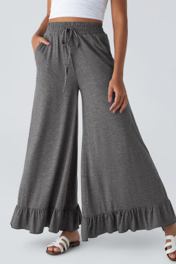 Medium Grey Solid Color Ruffle Hem Wide Leg Pants