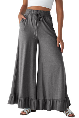 Medium Grey Solid Color Ruffle Hem Wide Leg Pants