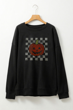 Black Jack-o-lantern Checkered Rhinestone Transfer Graphic Halloween Sweatshirt