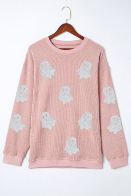 Pink Halloween Ghost Transfer Vinyl Process Corded Crew Neck Loose Sweatshirt