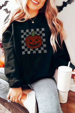 Black Jack-o-lantern Checkered Rhinestone Transfer Graphic Halloween Sweatshirt