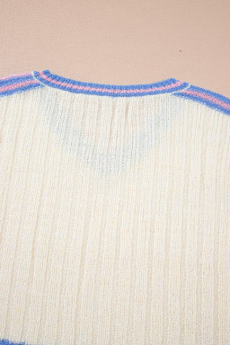 White Striped V Neck Dolman Sleeve Knit Sweater