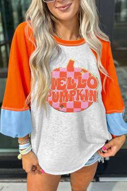 Light Grey HELLO PUMPKIN Patch Application Graphic Colorblock Raglan Sleeve Top