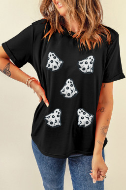 Black Halloween Playful Ghost Terry Flocking Cotton Blend T Shirt