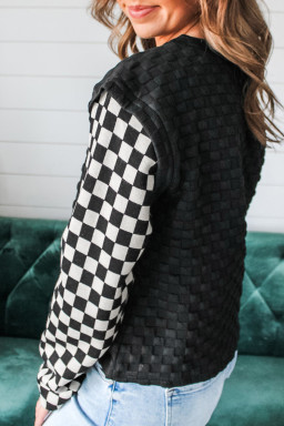 Black Plaid Textured Checkered Patchwork Long Sleeve Top