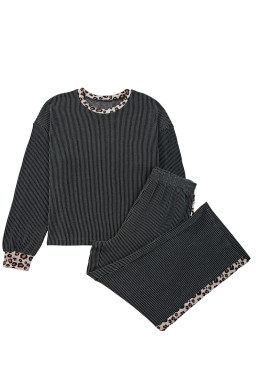 Carbon Grey Twisted Rib Leopard Patchwork Detail 2pcs Pants Set