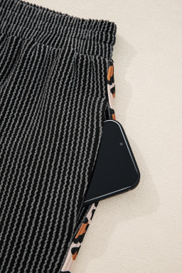 Carbon Grey Twisted Rib Leopard Patchwork Detail 2pcs Pants Set