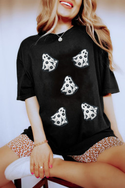 Black Halloween Playful Ghost Terry Flocking Cotton Blend T Shirt