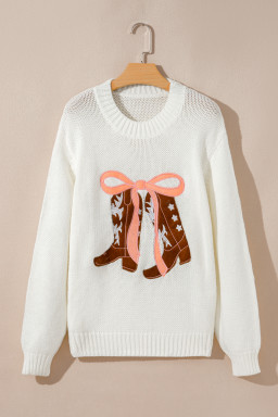 White Embroidered Bow Boots Graphic Drop Shoulder Sweater