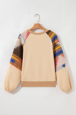 Light French Beige Geometric Patchwork Raglan Sleeve Pullover Sweatshirt