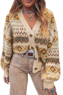 Khaki Geometric Pattern Button V Neck Cardigan