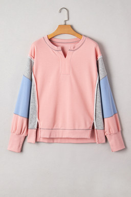 Apricot Pink Exposed Seam Colorblock Patchwork Split Cuffs Oversized Sweatshirt