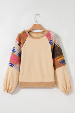 Light French Beige Geometric Patchwork Raglan Sleeve Pullover Sweatshirt
