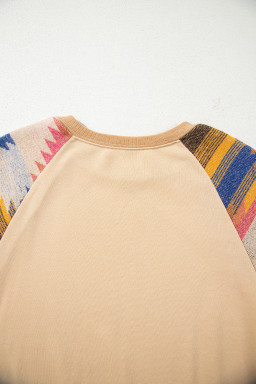 Light French Beige Geometric Patchwork Raglan Sleeve Pullover Sweatshirt