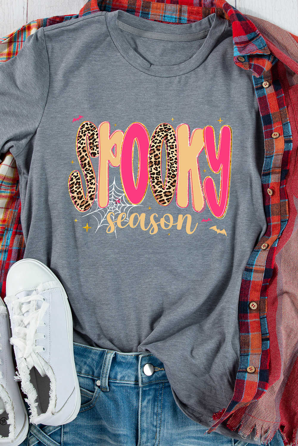 Gray Spooky Season Playful Halloween Heat Transfer Printing Graphic T Shirt