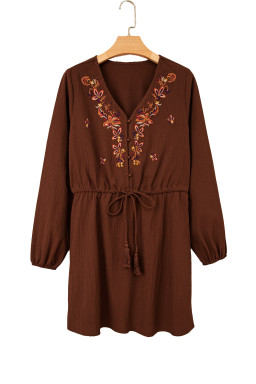 Burgundy Floral Embroidered Tassel Tie Waist Long Sleeve Mini Dress