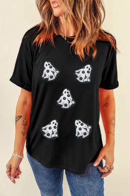 Black Halloween Playful Ghost Terry Flocking Cotton Blend T Shirt