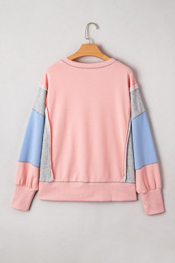 Apricot Pink Exposed Seam Colorblock Patchwork Split Cuffs Oversized Sweatshirt