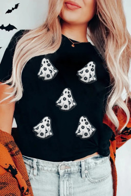 Black Halloween Playful Ghost Terry Flocking Cotton Blend T Shirt