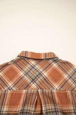 Brown Plaid Print Flap Pocket Button Plus Size Shirt