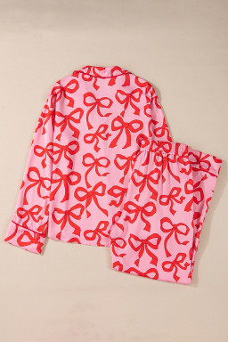 Pink Allover Bow Print Button Up and Loose Pants Pajama Set