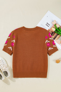 Brown Floral Pattern Short Puff Sleeve Sweater