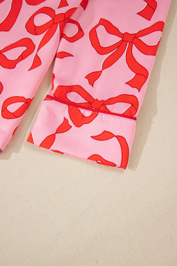 Pink Allover Bow Print Button Up and Loose Pants Pajama Set