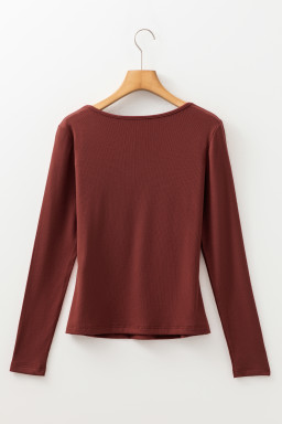 Burgundy Ruched Sweetheart Neck Ribbed Long Sleeve Top