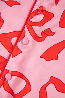 Pink Allover Bow Print Button Up and Loose Pants Pajama Set