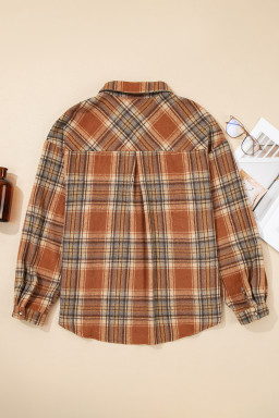Brown Plaid Print Flap Pocket Button Plus Size Shirt
