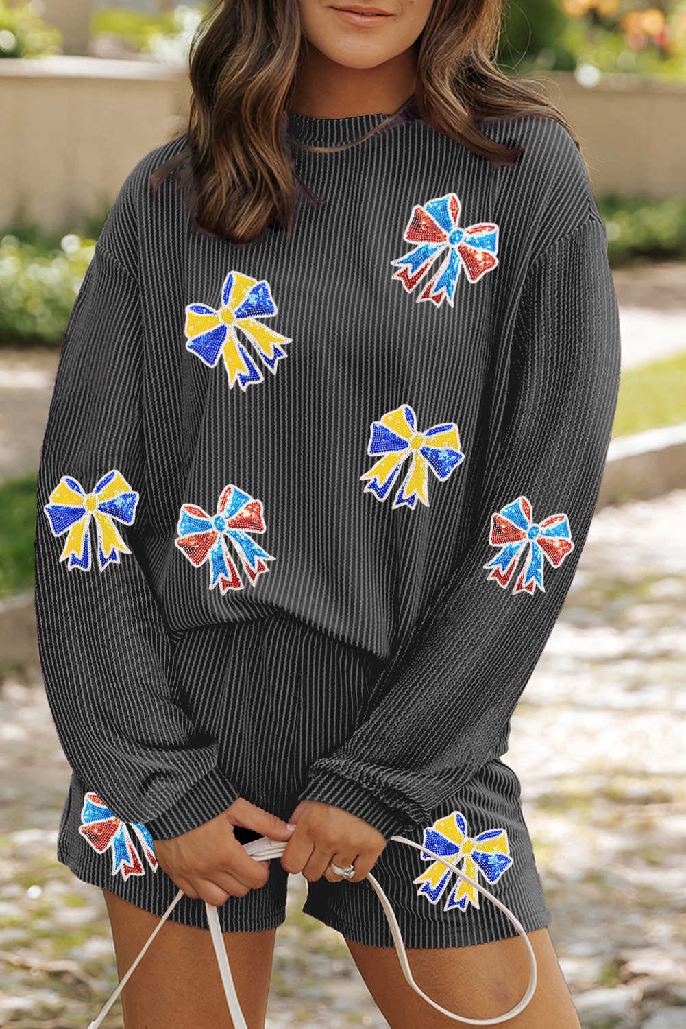 Carbon Grey Twisted Rib Sequin Bow Patched Long Sleeve Top and Shorts Set