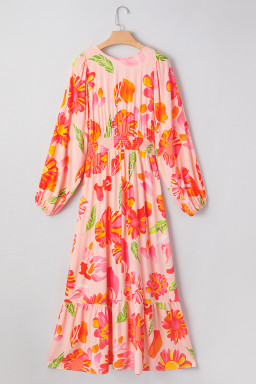 Beige Floral Print Shirred Detail Puff Sleeve Flowy Maxi Dress