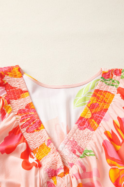 Beige Floral Print Shirred Detail Puff Sleeve Flowy Maxi Dress