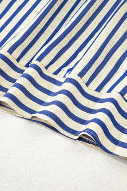 Blue Striped Collared Half Button Side Pockets Loose Fit Mini Dress