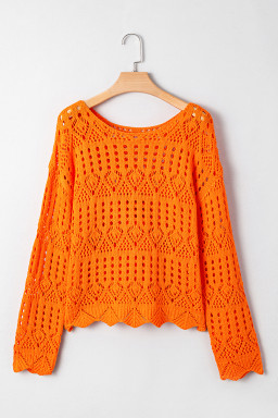 Carrot Solid Color Crochet Scallop Edge Sweater