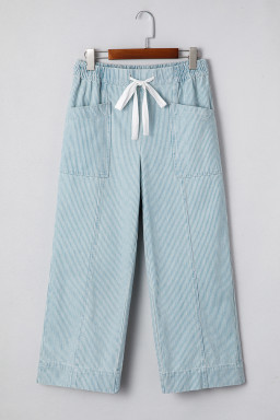 Sky Blue Striped Mid Rise Drawstring Waist Jeans