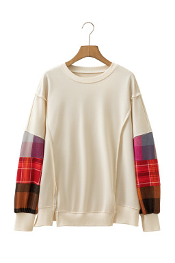 Beige Plaid Patchwork Long Sleeve Exposed Seam Loose Top
