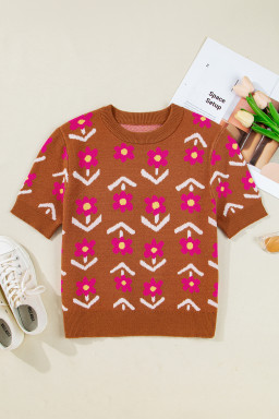 Brown Floral Pattern Short Puff Sleeve Sweater