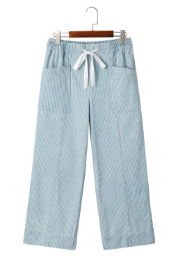 Sky Blue Striped Mid Rise Drawstring Waist Jeans