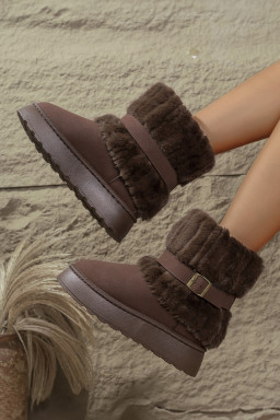 Dark Brown Faux Fur Plush Winter Snow Boots