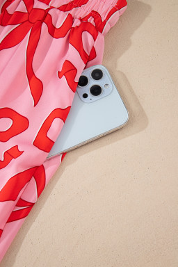 Pink Allover Bow Print Button Up and Loose Pants Pajama Set