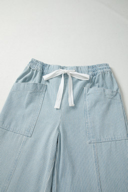 Sky Blue Striped Mid Rise Drawstring Waist Jeans