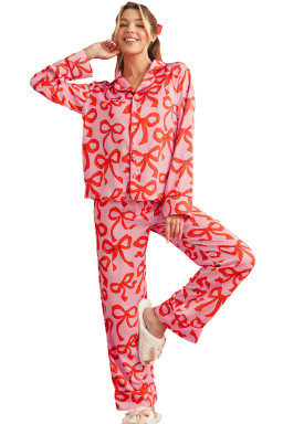 Pink Allover Bow Print Button Up and Loose Pants Pajama Set