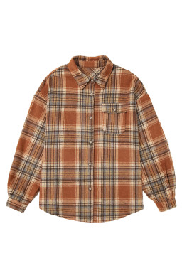 Brown Plaid Print Flap Pocket Button Plus Size Shirt