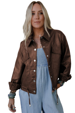 Chicory Coffee Flap Pocket Drawstring Hem Leather Jacket