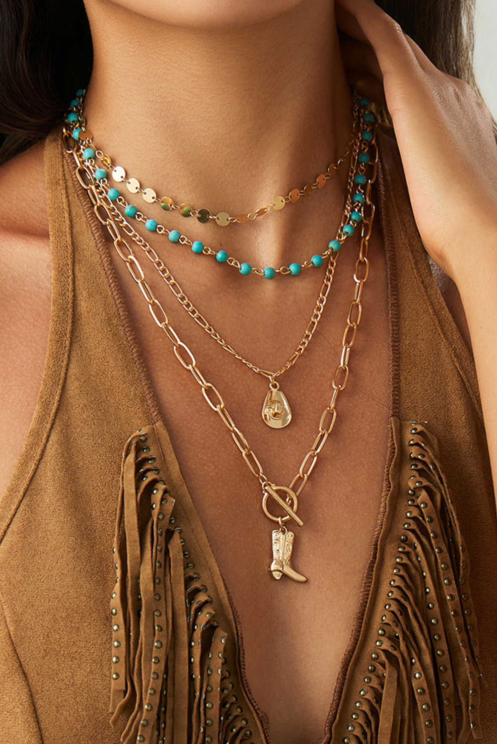 Gold Boot Pendant Turquoise Necklace Set