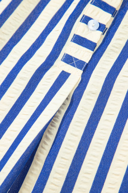 Blue Striped Collared Half Button Side Pockets Loose Fit Mini Dress